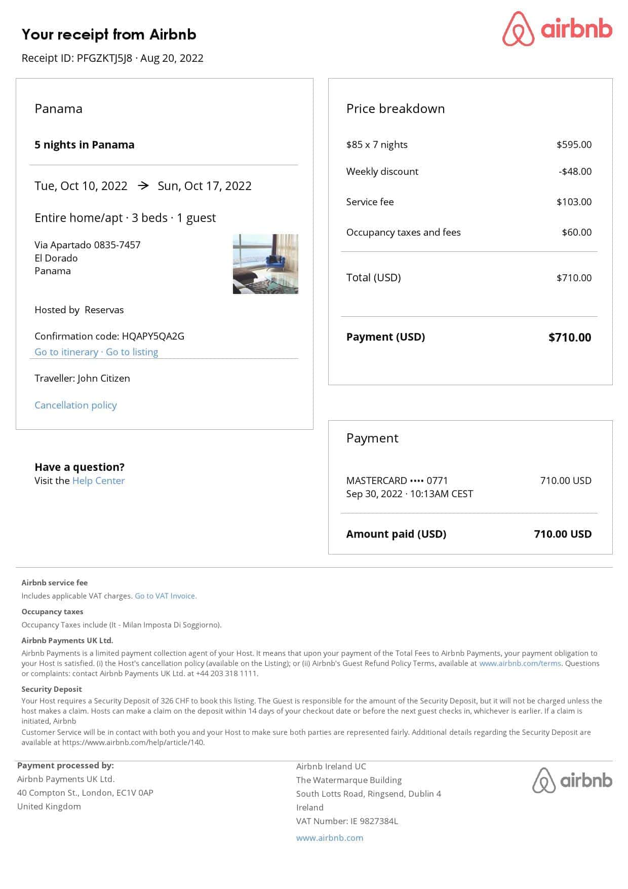 Panama Airbnb booking confirmation Word and PDF template Panama Airbnb booking confirmation Word and PDF template