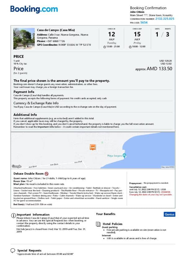 Panama hotel booking confirmation Word and PDF template, 2 pages Panama hotel booking confirmation Word and PDF template, 2 pages