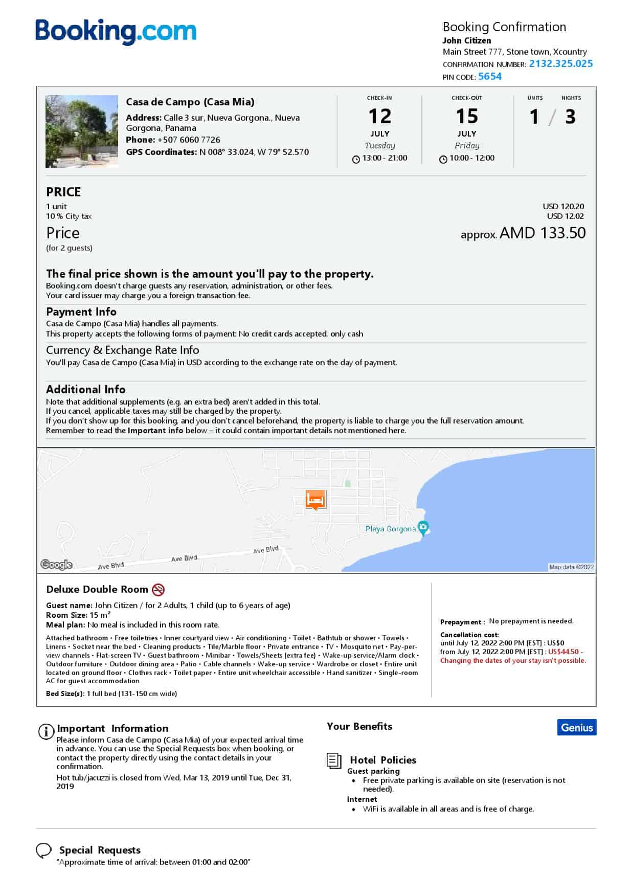 Panama hotel booking confirmation Word and PDF template, 2 pages Panama hotel booking confirmation Word and PDF template, 2 pages