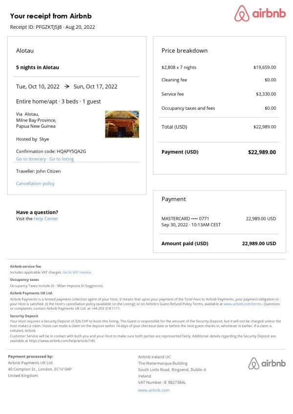 Papua New Guinea Airbnb booking confirmation Word and PDF template