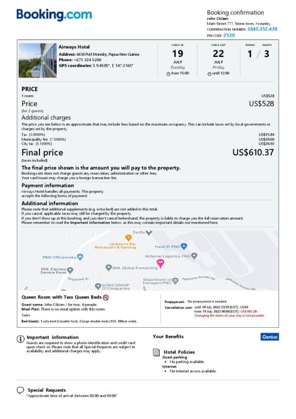 Papua New Guinea hotel booking confirmation Word and PDF template, 2 pages Papua New Guinea hotel booking confirmation Word and PDF template, 2 pages