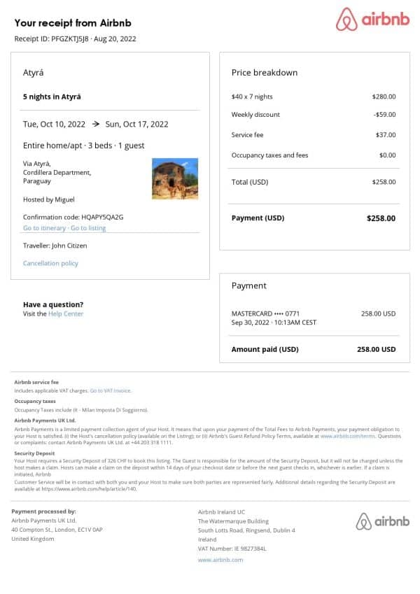 Paraguay Airbnb booking confirmation Word and PDF template