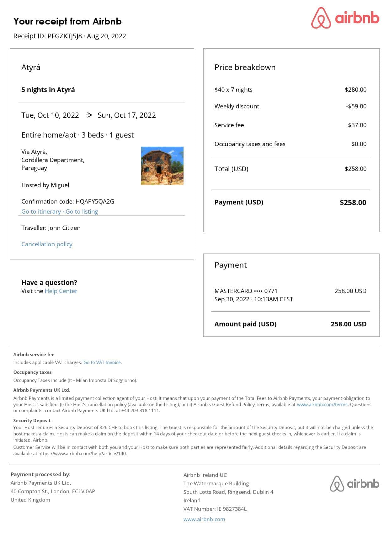 Paraguay Airbnb booking confirmation Word and PDF template Paraguay Airbnb booking confirmation Word and PDF template