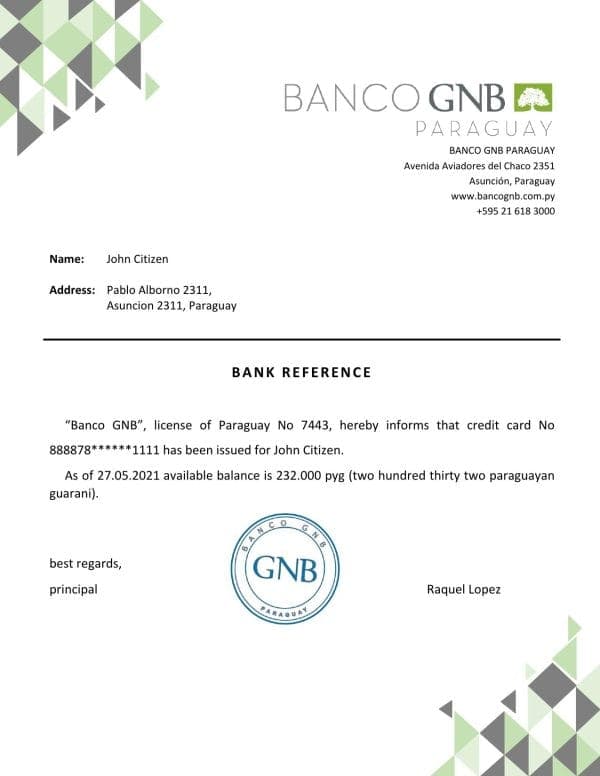 Paraguay Banco GNB bank account reference letter template in Word and PDF format Paraguay Banco GNB bank account reference letter template in Word and PDF format