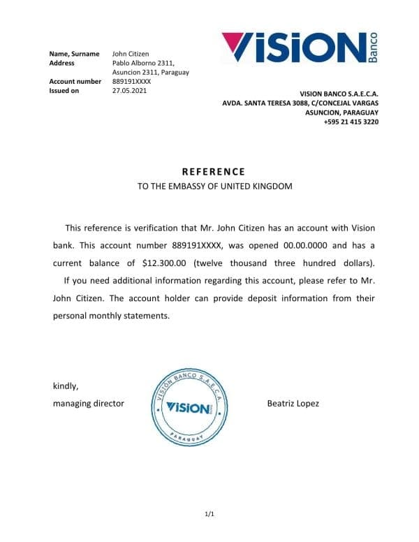 Paraguay Vision Banco bank account reference letter template in Word and PDF format Paraguay Vision Banco bank account reference letter template in Word and PDF format