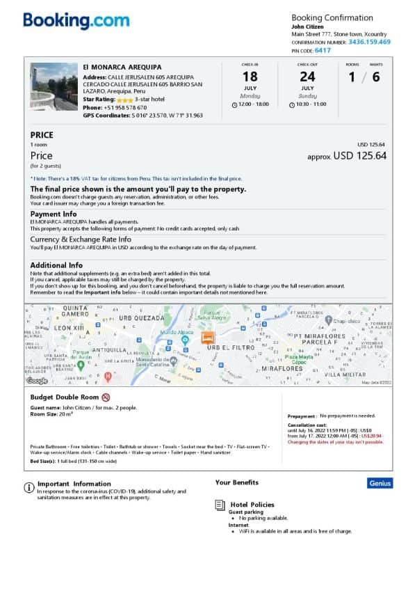 Peru hotel booking confirmation Word and PDF template, 2 pages Peru hotel booking confirmation Word and PDF template, 2 pages