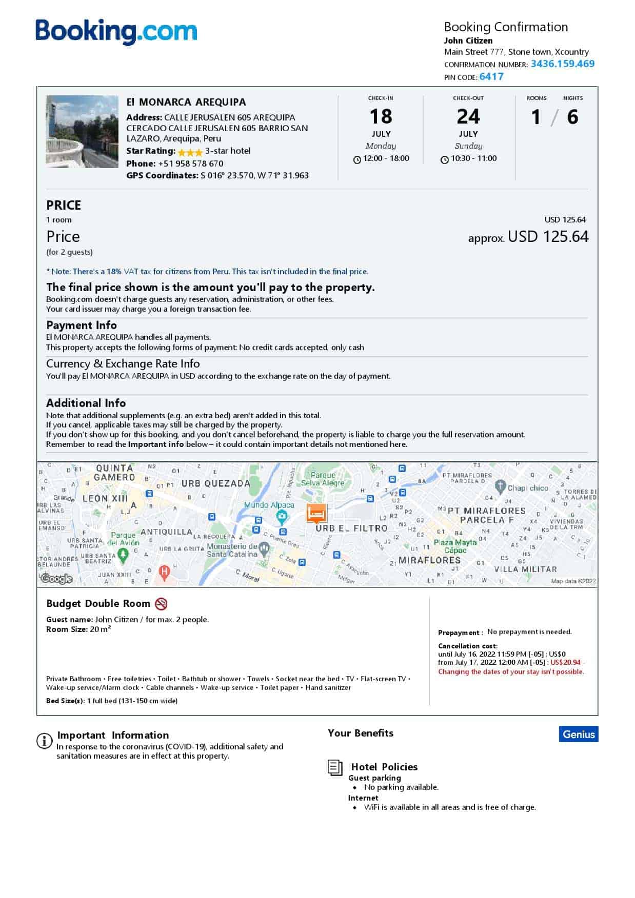 Peru hotel booking confirmation Word and PDF template, 2 pages Peru hotel booking confirmation Word and PDF template, 2 pages
