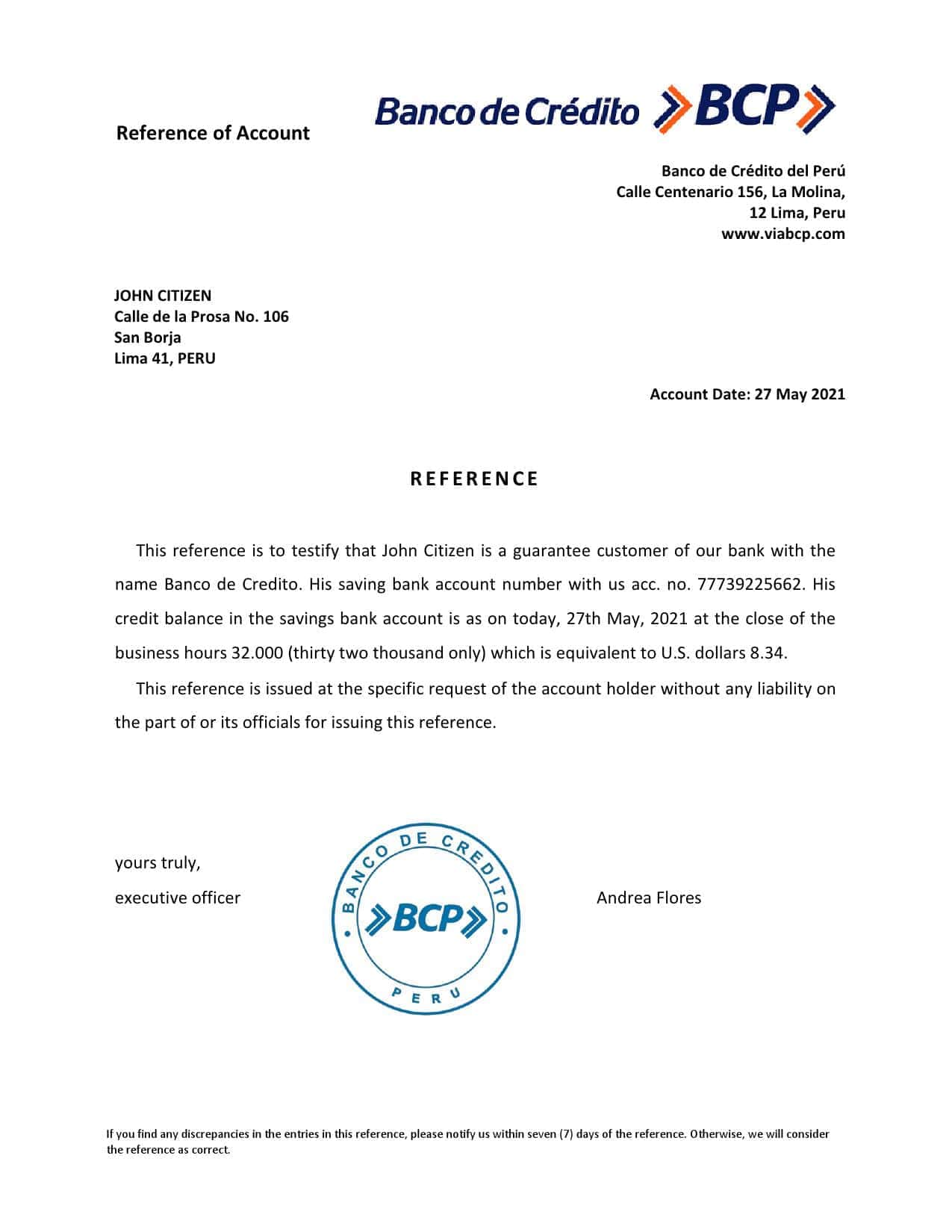 Peru Banco de Credito bank account reference letter template in Word and PDF format Peru Banco de Credito bank account reference letter template in Word and PDF format