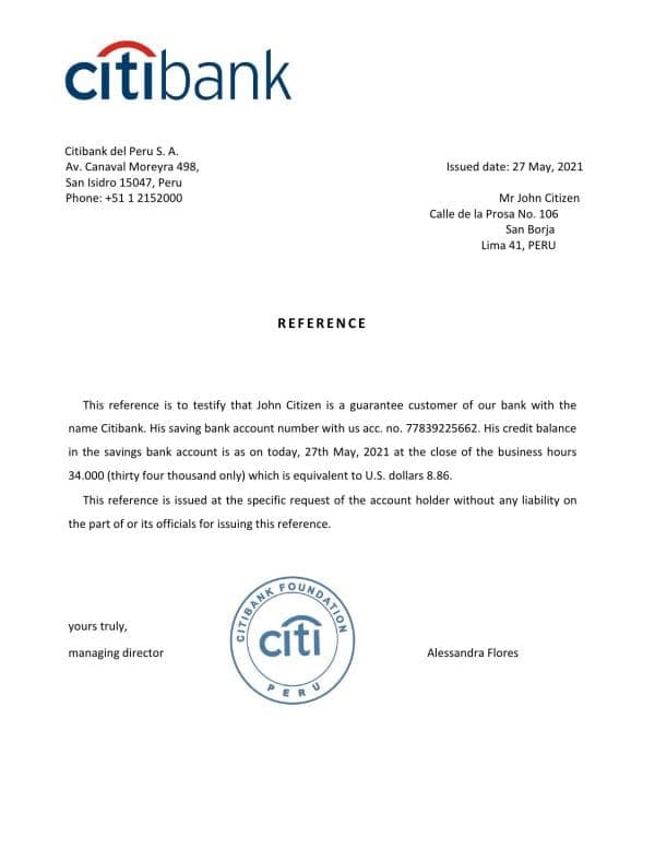 Peru Citibank bank account reference letter template in Word and PDF format Peru Citibank bank account reference letter template in Word and PDF format