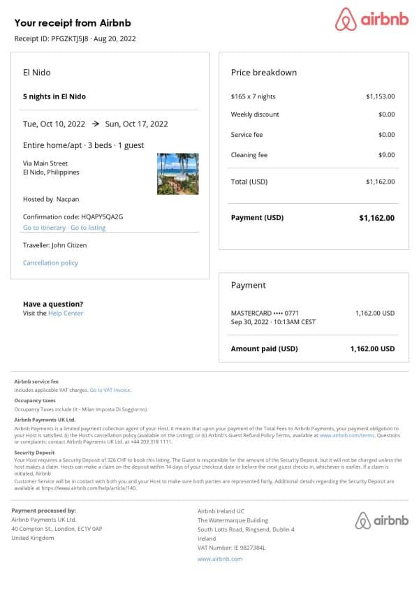 Philippines Airbnb booking confirmation Word and PDF template