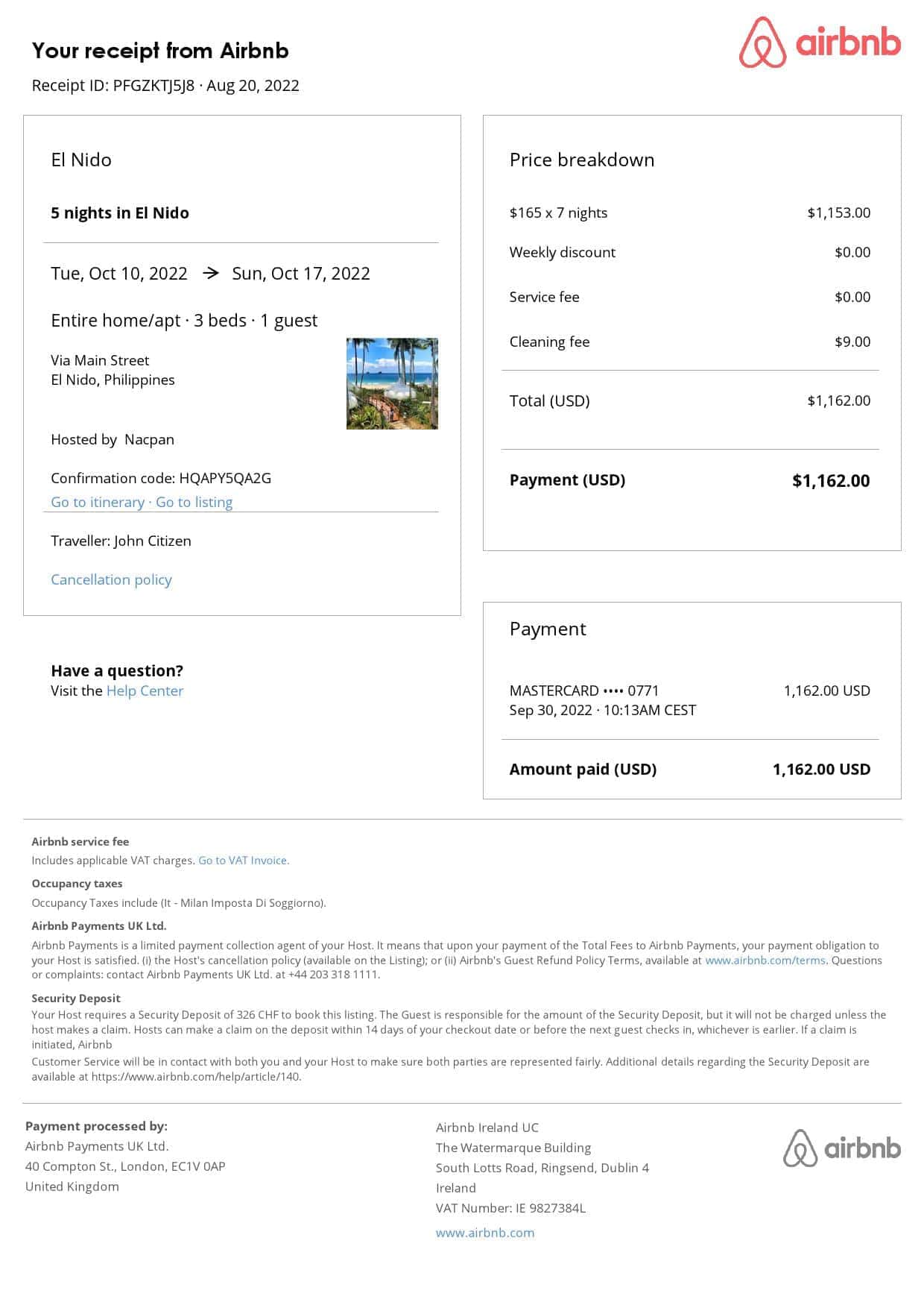 Philippines Airbnb booking confirmation Word and PDF template Philippines Airbnb booking confirmation Word and PDF template