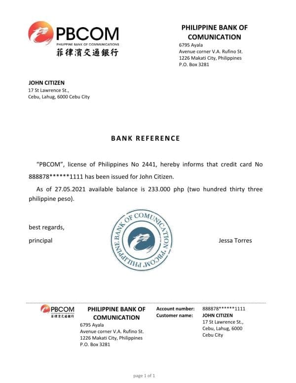 Philippines Pilippine Bank of Comunication bank reference letter template in Word and PDF format Philippines Pilippine Bank of Comunication bank reference letter template in Word and PDF format