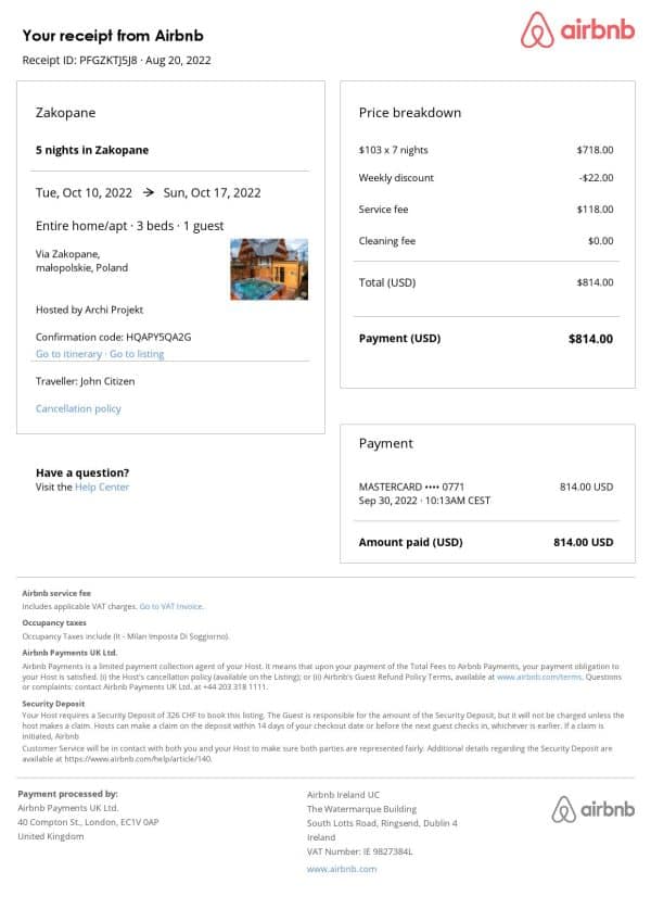 Poland Airbnb booking confirmation Word and PDF template