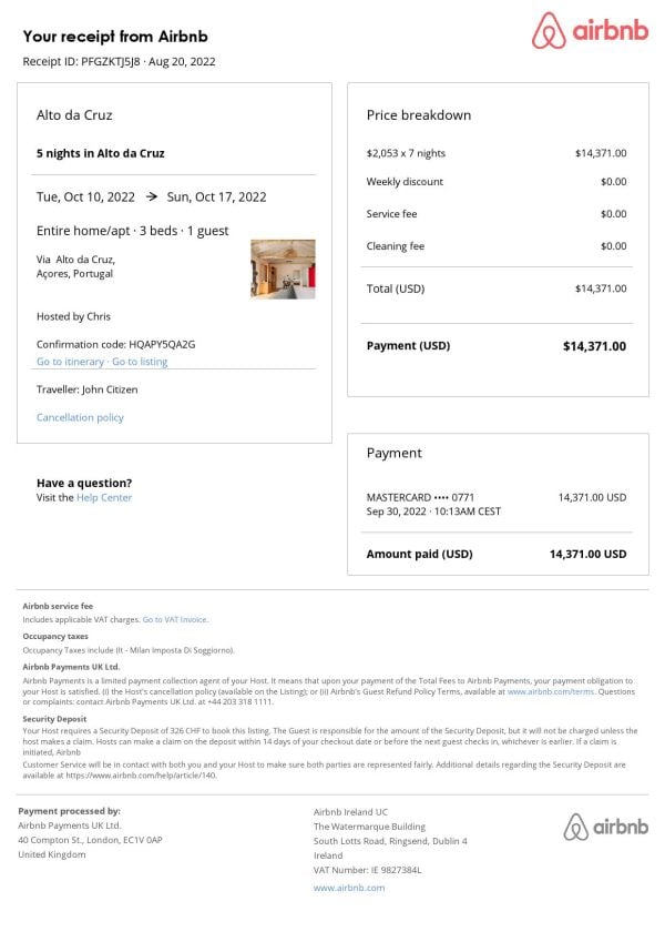 Portugal Airbnb booking confirmation Word and PDF template