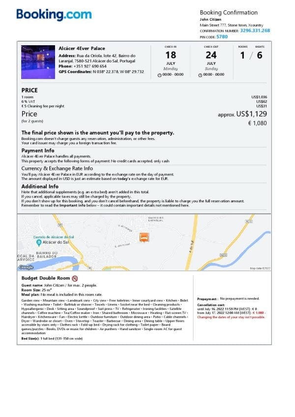 Portugal hotel booking confirmation Word and PDF template, 2 pages Portugal hotel booking confirmation Word and PDF template, 2 pages
