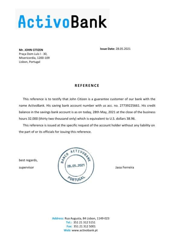 Portugal Activobank bank account reference letter template in Word and PDF format Portugal Activobank bank account reference letter template in Word and PDF format