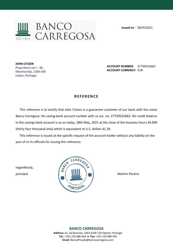 Portugal Banco Carregosa bank account reference letter template in Word and PDF format Portugal Banco Carregosa bank account reference letter template in Word and PDF format