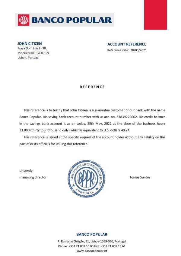 Portugal Banco Popular bank account reference letter template in Word and PDF format Portugal Banco Popular bank account reference letter template in Word and PDF format
