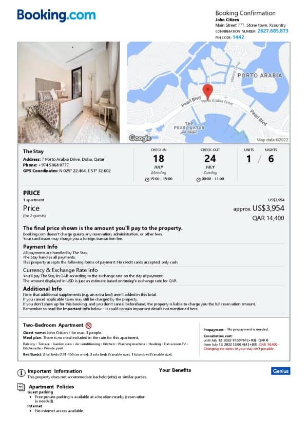 Qatar hotel booking confirmation Word and PDF template, 2 pages Qatar hotel booking confirmation Word and PDF template, 2 pages