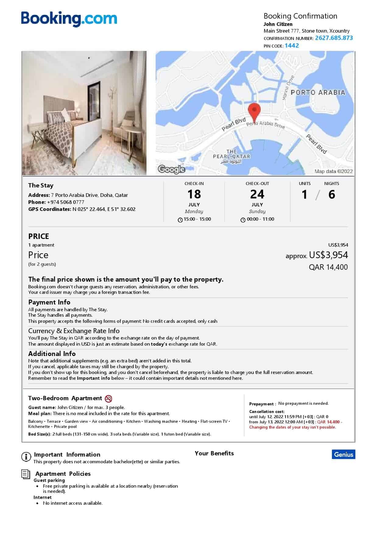 Qatar hotel booking confirmation Word and PDF template, 2 pages Qatar hotel booking confirmation Word and PDF template, 2 pages