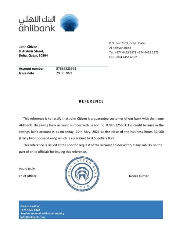 Qatar Ahlibank bank account reference letter template in Word and PDF format Qatar Ahlibank bank account reference letter template in Word and PDF format