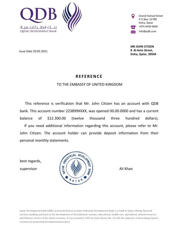 Qatar Development Bank bank account reference letter template in Word and PDF format Qatar Development Bank bank account reference letter template in Word and PDF format