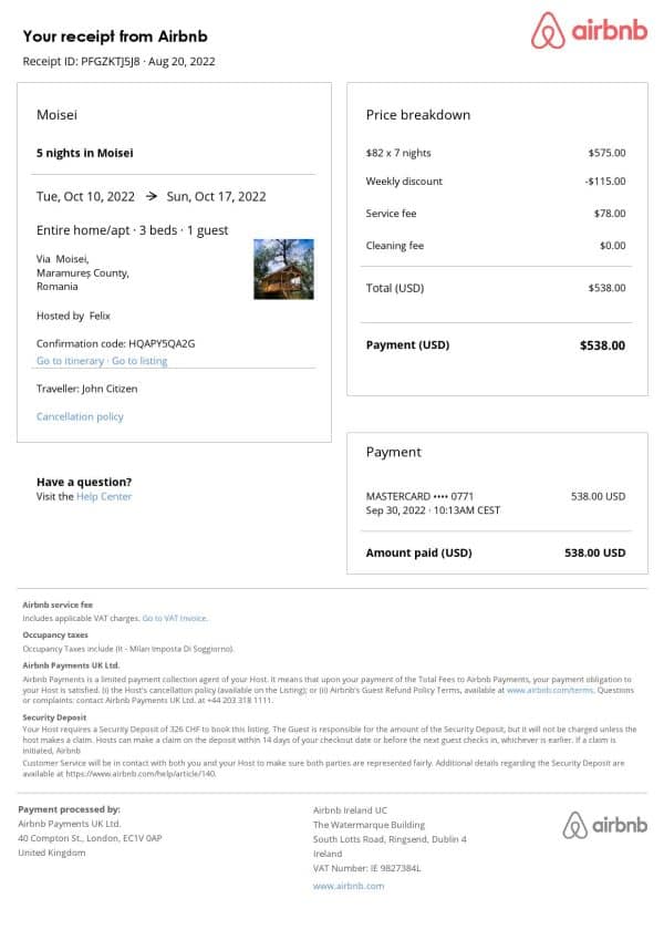 Romania Airbnb booking confirmation Word and PDF template