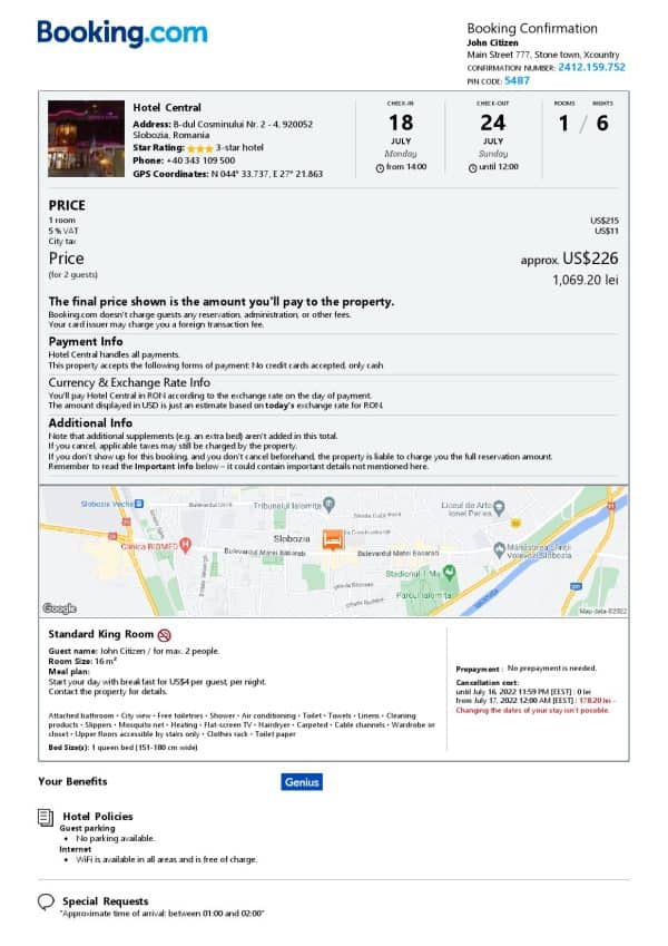 Romania hotel booking confirmation Word and PDF template, 2 pages Romania hotel booking confirmation Word and PDF template, 2 pages