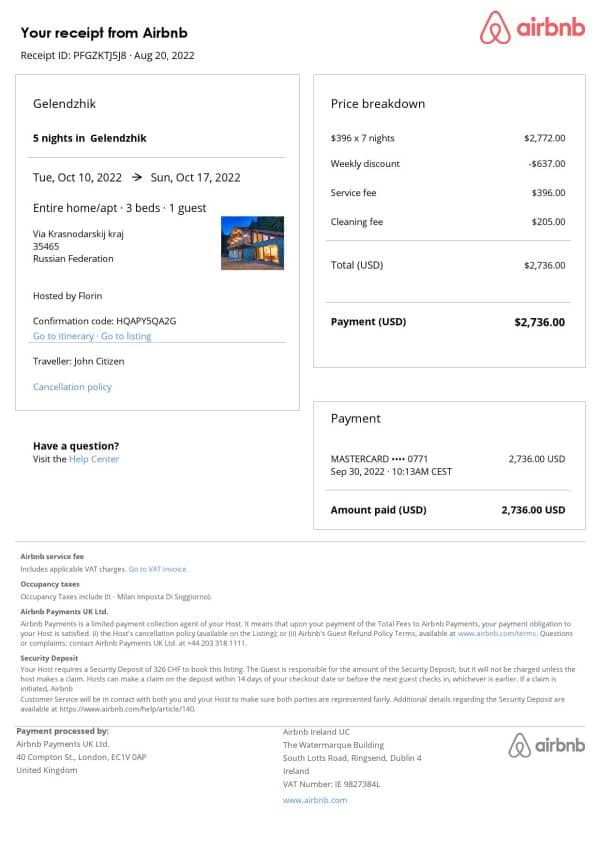 Russia Airbnb booking confirmation Word and PDF template