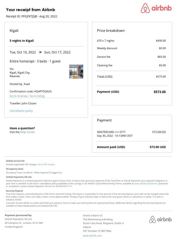 Rwanda Airbnb booking confirmation Word and PDF template