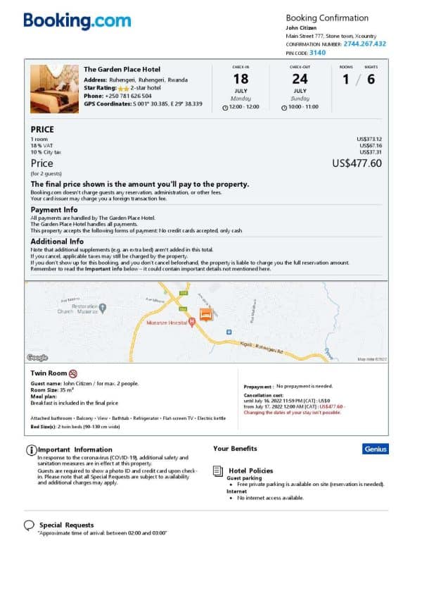 Rwanda hotel booking confirmation Word and PDF template, 2 pages Rwanda hotel booking confirmation Word and PDF template, 2 pages