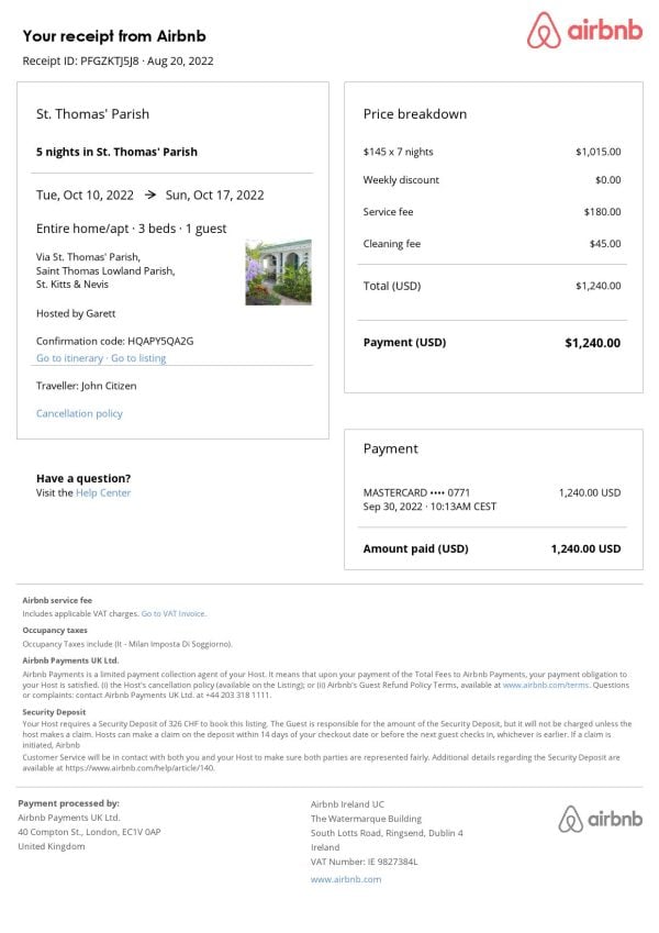 Saint Kitts and Nevis Airbnb booking confirmation Word and PDF template