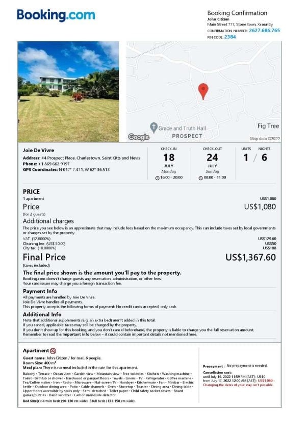 Saint Kitts and Nevis hotel booking confirmation Word and PDF template, 2 pages Saint Kitts and Nevis hotel booking confirmation Word and PDF template, 2 pages
