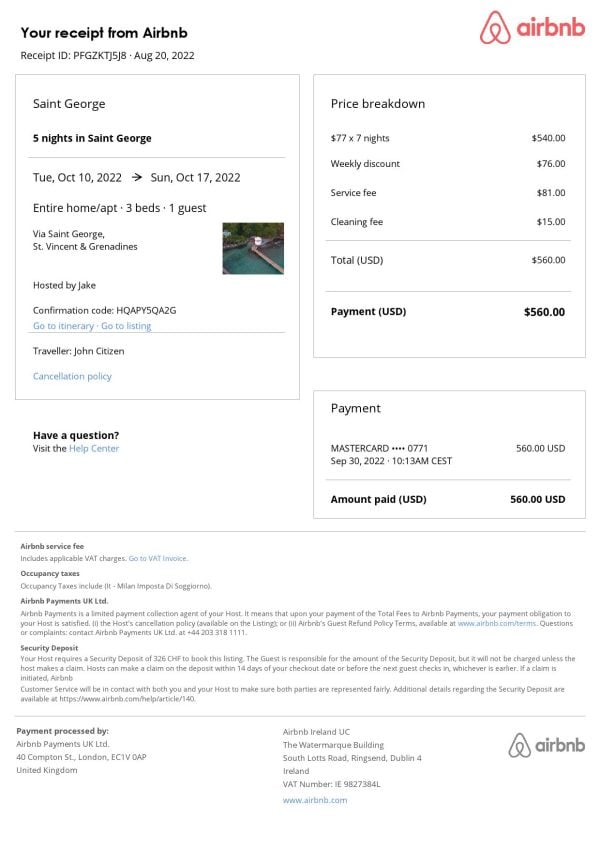 Saint Vincent and the Grenadines Airbnb booking confirmation Word and PDF template