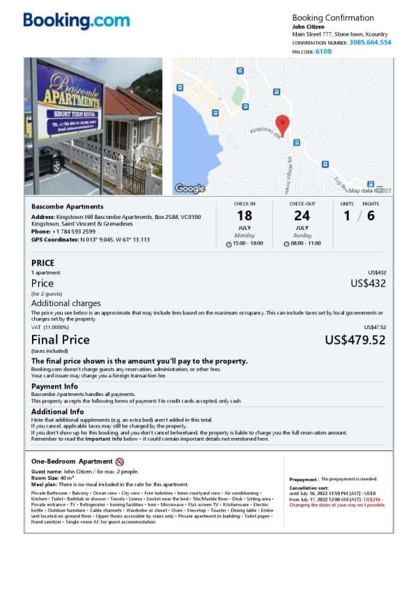 Saint Vincent and the Grenadines hotel booking confirmation Word and PDF template, 2 pages Saint Vincent and the Grenadines hotel booking confirmation Word and PDF template, 2 pages