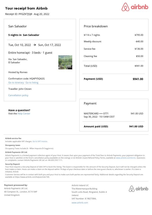 Salvador Airbnb booking confirmation Word and PDF template