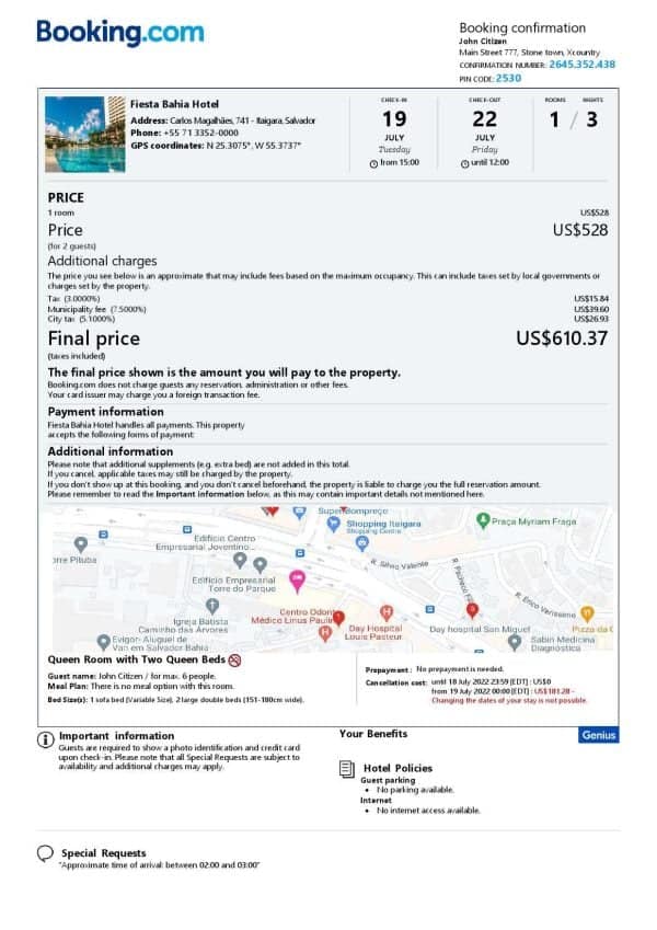 Salvador hotel booking confirmation Word and PDF template, 2 pages Salvador hotel booking confirmation Word and PDF template, 2 pages