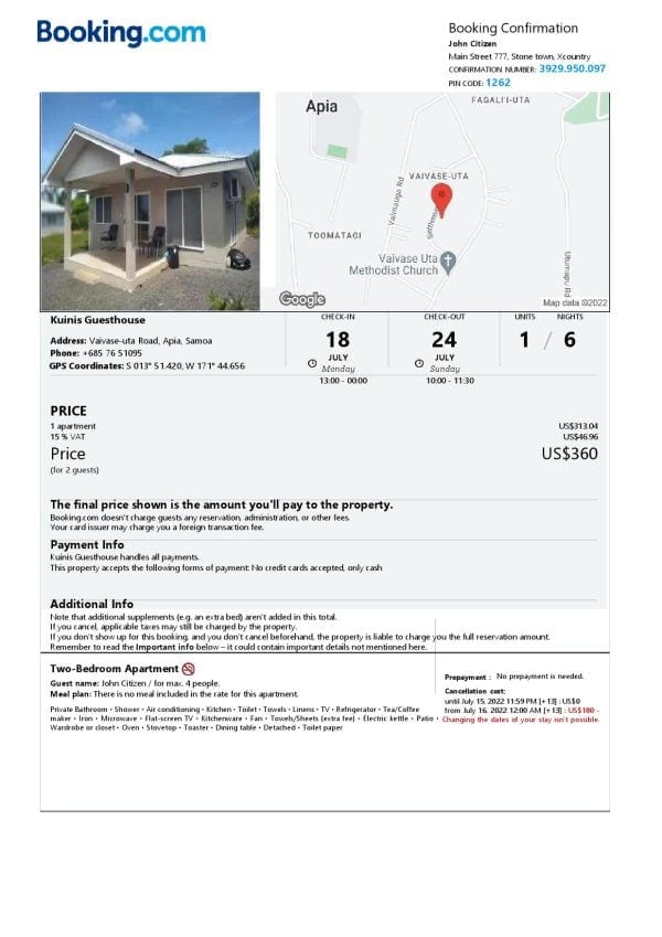 Samoa hotel booking confirmation Word and PDF template, 2 pages Samoa hotel booking confirmation Word and PDF template, 2 pages
