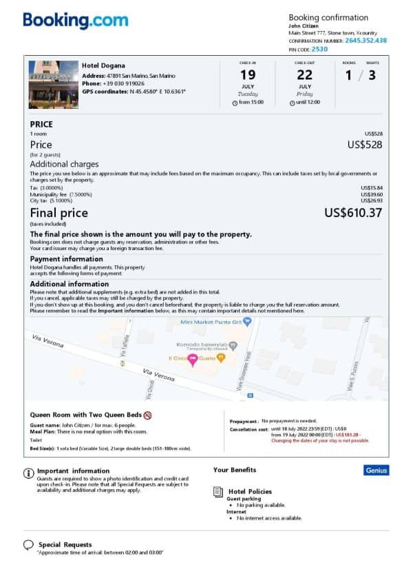 San Marino hotel booking confirmation Word and PDF template, 2 pages San Marino hotel booking confirmation Word and PDF template, 2 pages