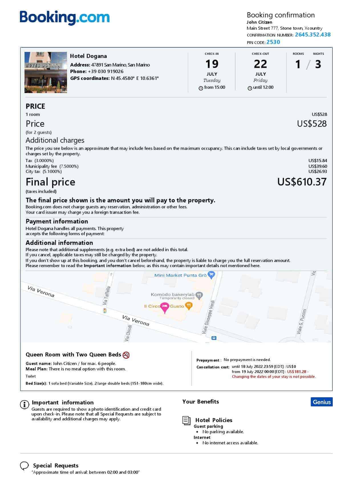 San Marino hotel booking confirmation Word and PDF template, 2 pages San Marino hotel booking confirmation Word and PDF template, 2 pages