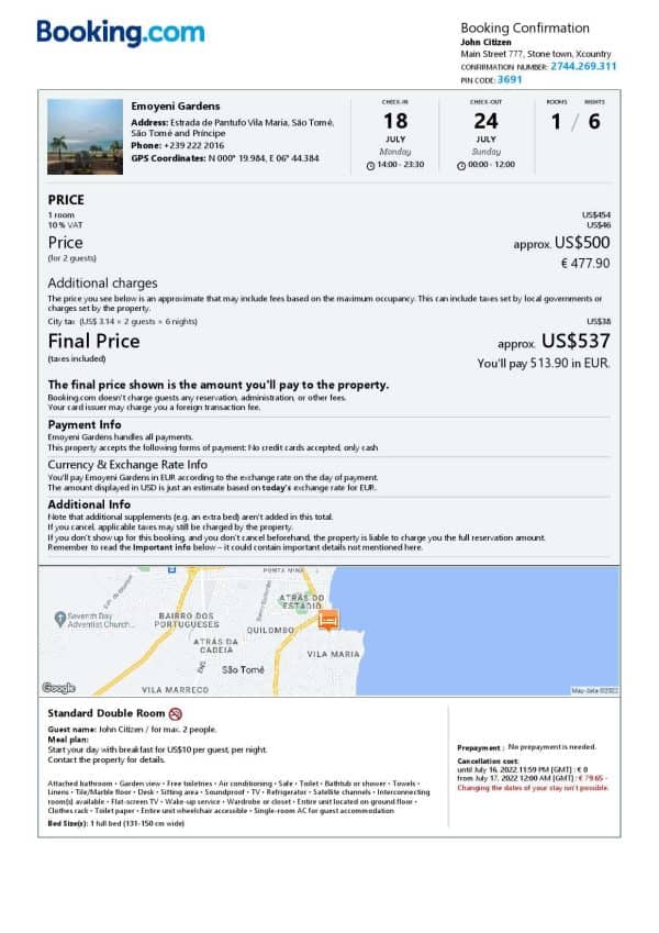 Sao Tome and Principe hotel booking confirmation Word and PDF template, 2 pages Sao Tome and Principe hotel booking confirmation Word and PDF template, 2 pages