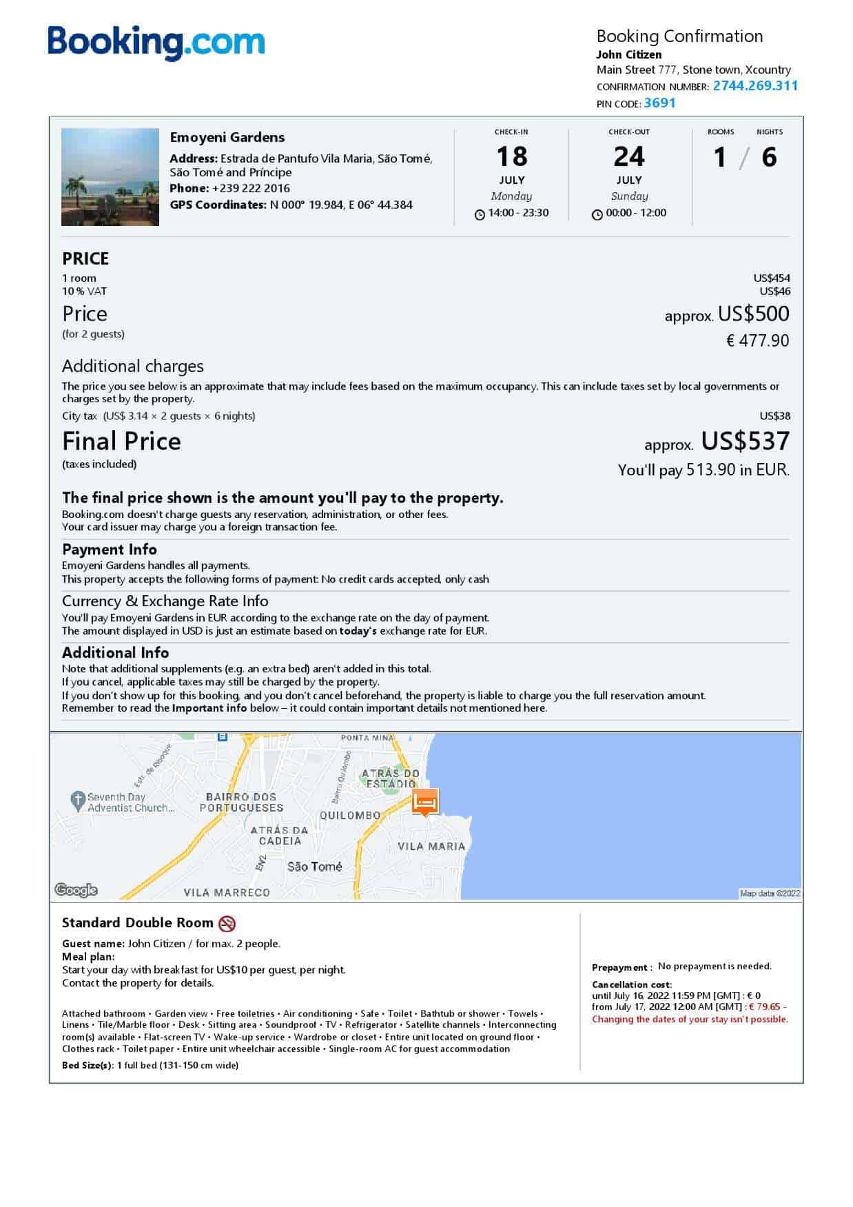 Sao Tome and Principe hotel booking confirmation Word and PDF template, 2 pages Sao Tome and Principe hotel booking confirmation Word and PDF template, 2 pages