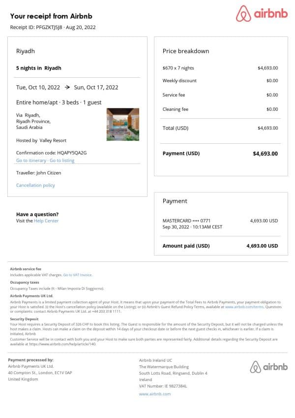 Saudi Arabia Airbnb booking confirmation Word and PDF template