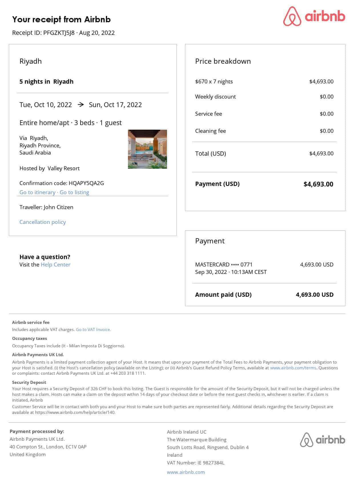 Saudi Arabia Airbnb booking confirmation Word and PDF template Saudi Arabia Airbnb booking confirmation Word and PDF template