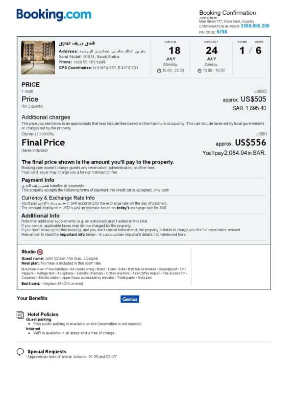 Saudi Arabia hotel booking confirmation Word and PDF template, 2 pages Saudi Arabia hotel booking confirmation Word and PDF template, 2 pages