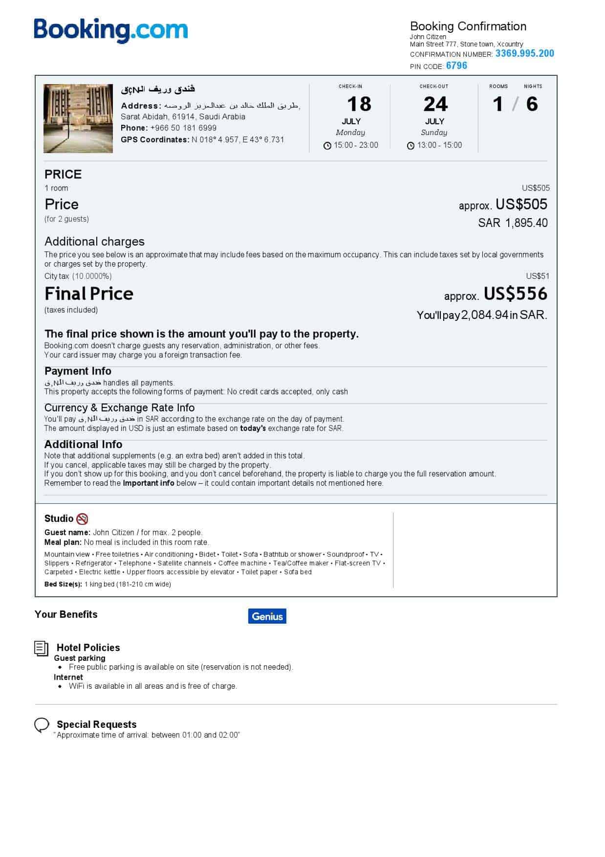 Saudi Arabia hotel booking confirmation Word and PDF template, 2 pages Saudi Arabia hotel booking confirmation Word and PDF template, 2 pages