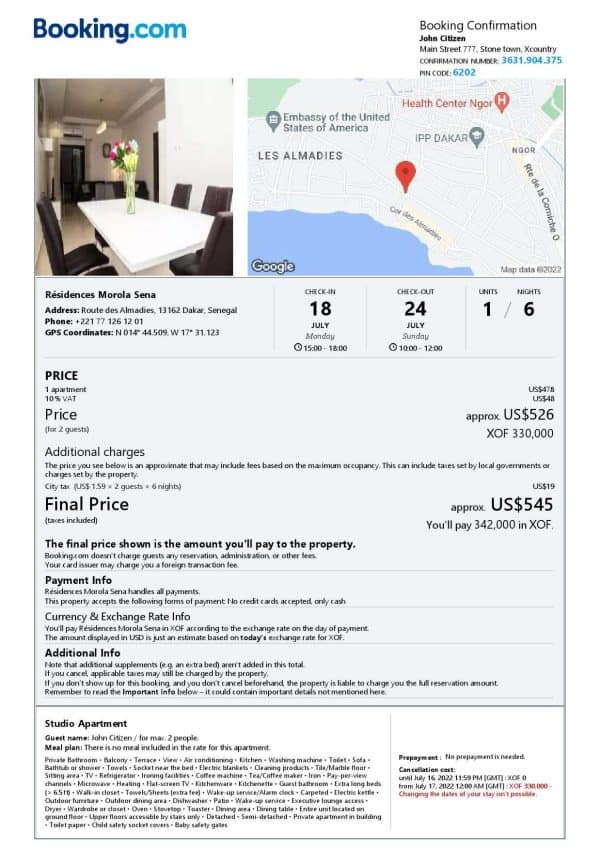 Senegal hotel booking confirmation Word and PDF template, 2 pages Senegal hotel booking confirmation Word and PDF template, 2 pages
