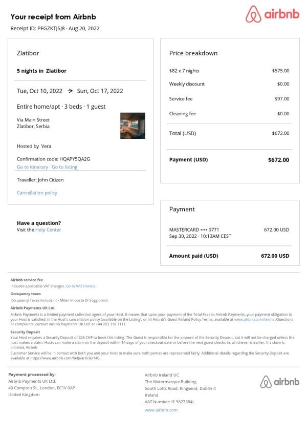 Serbia Airbnb booking confirmation Word and PDF template