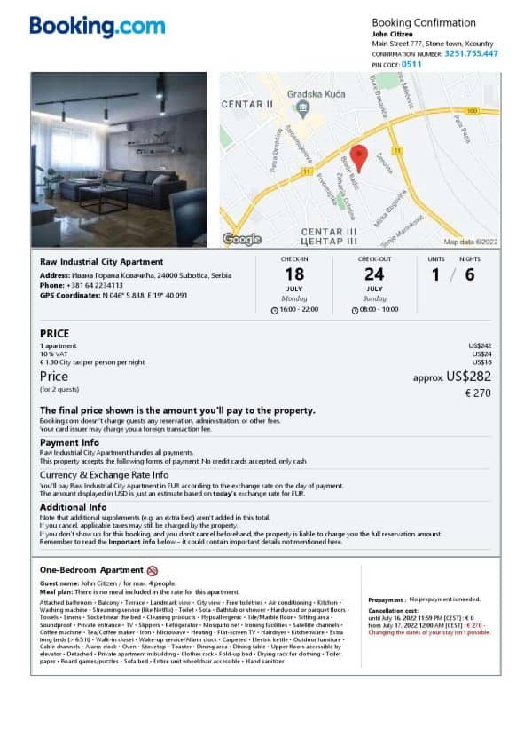 Serbia hotel booking confirmation Word and PDF template, 2 pages Serbia hotel booking confirmation Word and PDF template, 2 pages