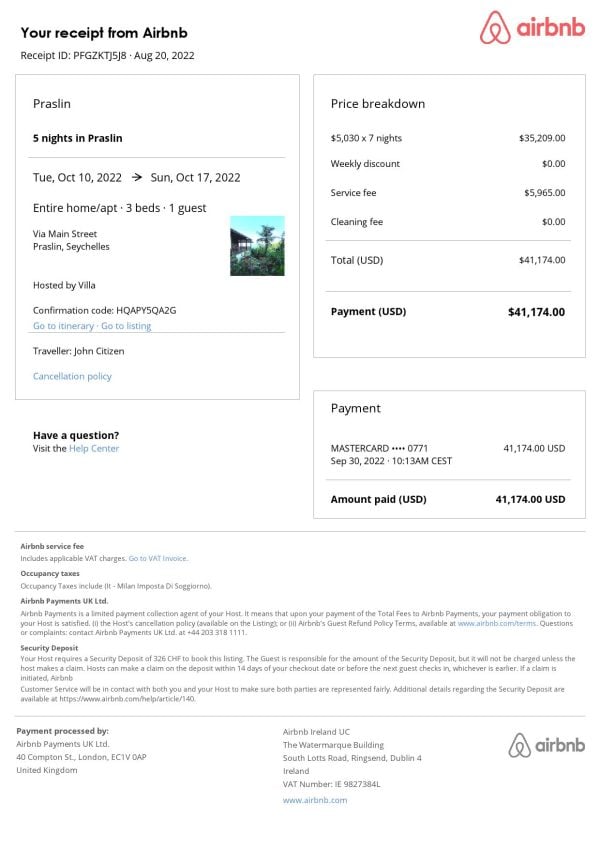 Seychelles Airbnb booking confirmation Word and PDF template